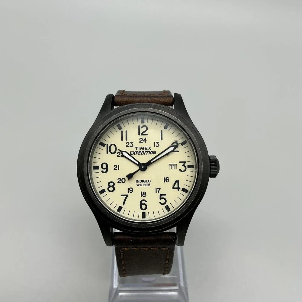 Timex Expedition Indiglo Men Watch 40mm Cream Dial Brown Leather T4K693 New Batt